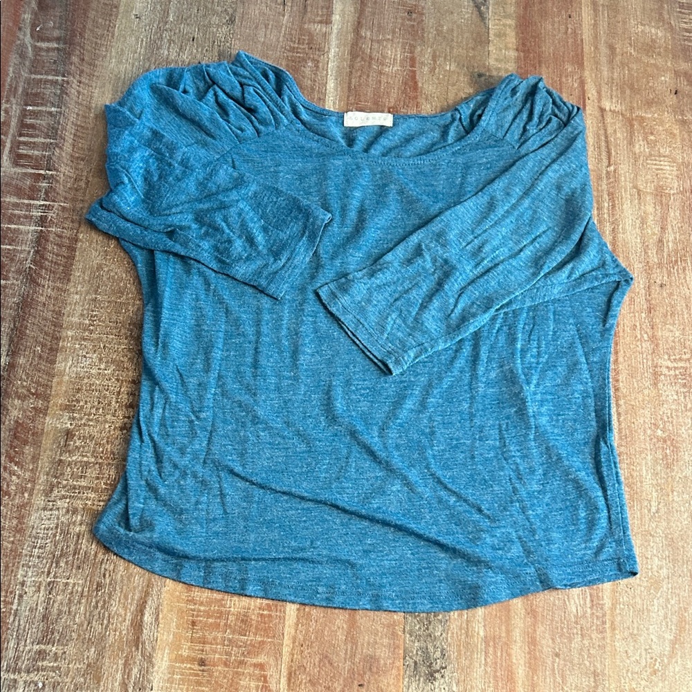Vintage Italian Heathered Teal Tee with Wide Neck and Ruched Shoulders